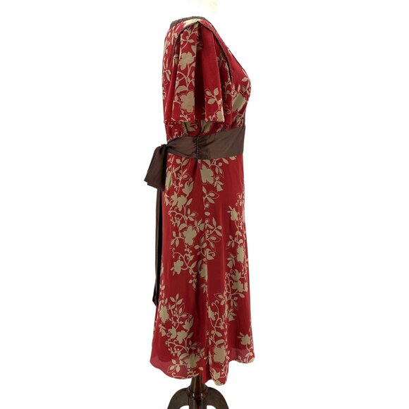 Anthroplogie Maeve Womens 6 Dress Silk Floral Flutter Sleeve Red Tan Cocktail - Picture 4 of 8